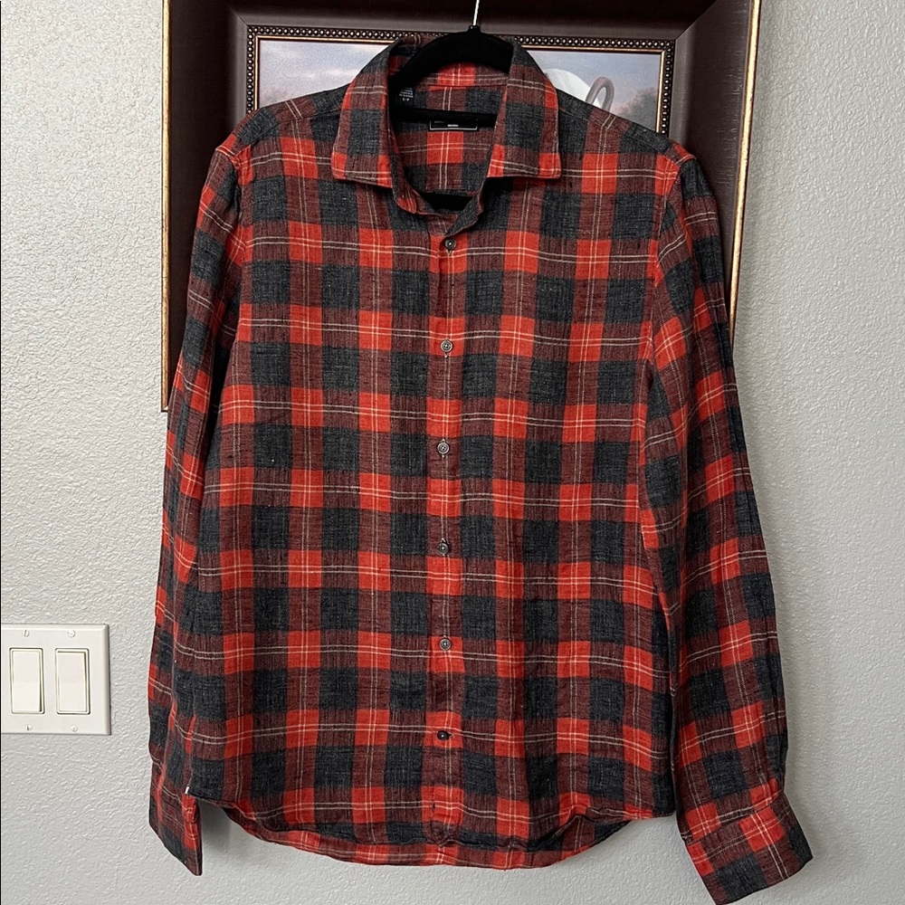 SAKS FIFTH AVENUE Linen Modern LS Button-Front Shirt Plaid Orange/Black Men S